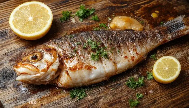 Prato de caril de pescada servido em uma tigela branca, com molho amarelo vibrante e pedaços de peixe visíveis, decorado com ramos de coentro fresco, ao lado de arroz branco solto, apresentação apetitosa em um fundo de madeira rústica.