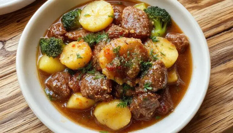 Prato de carne moída com batata e brócolis gratinados em uma travessa rústica, com uma cobertura dourada e crocante. Ao lado, ingredientes regionais e uma decoração que destaca o prato.