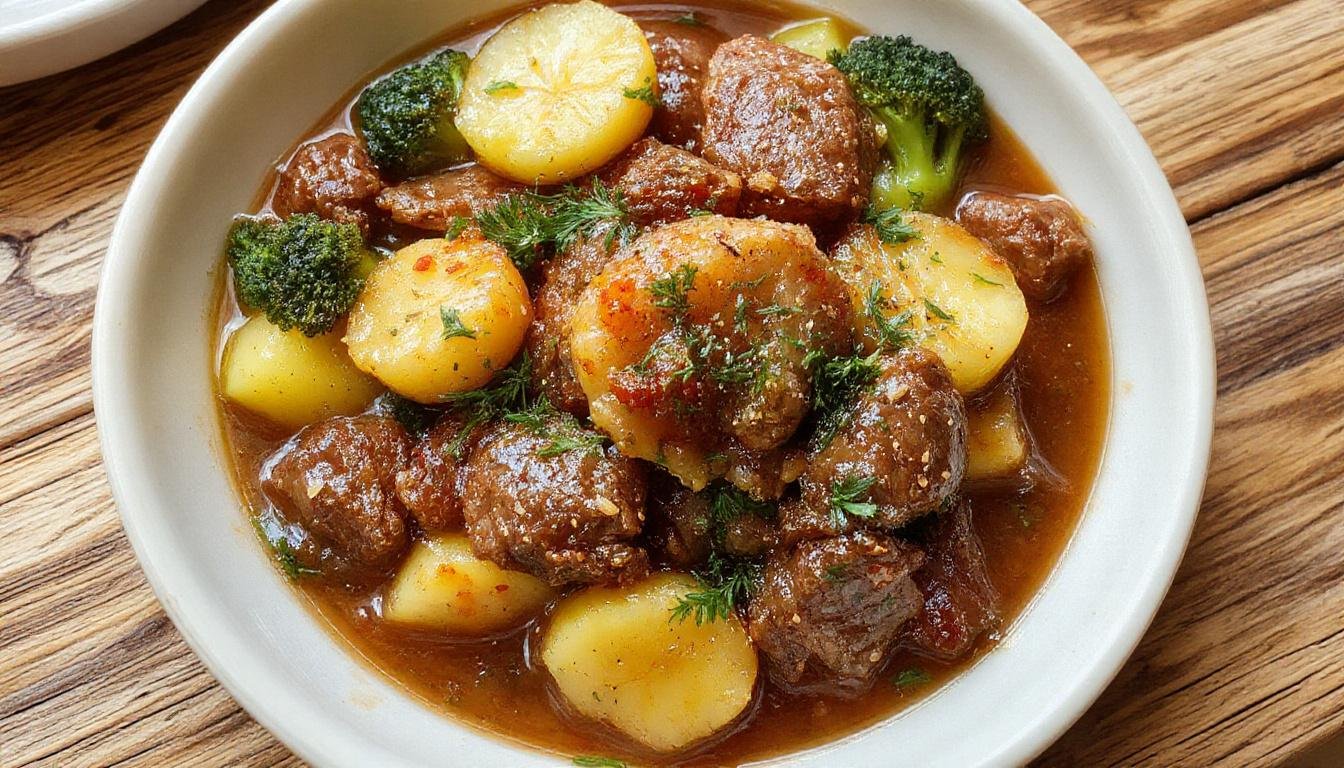 Prato de carne moída com batata e brócolis gratinados em uma travessa rústica, com uma cobertura dourada e crocante. Ao lado, ingredientes regionais e uma decoração que destaca o prato.