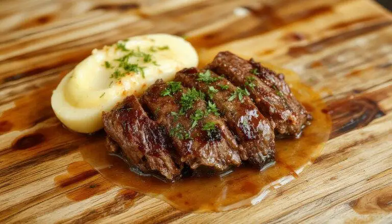 Prato de carne de panela desmanchando, com pedaços macios de carne e batatas douradas ao lado, ao centro uma tigela de caldo espesso, todo servido em uma panela rústica em uma mesa de madeira.