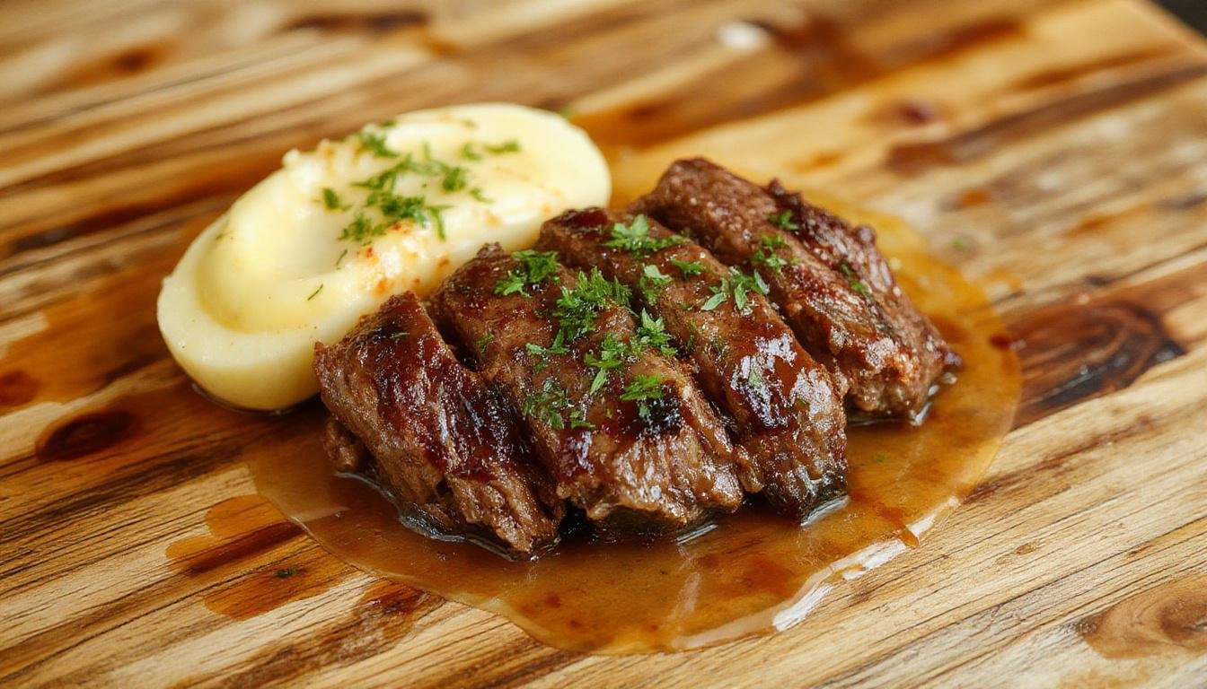 Prato de carne de panela desmanchando, com pedaços macios de carne e batatas douradas ao lado, ao centro uma tigela de caldo espesso, todo servido em uma panela rústica em uma mesa de madeira.
