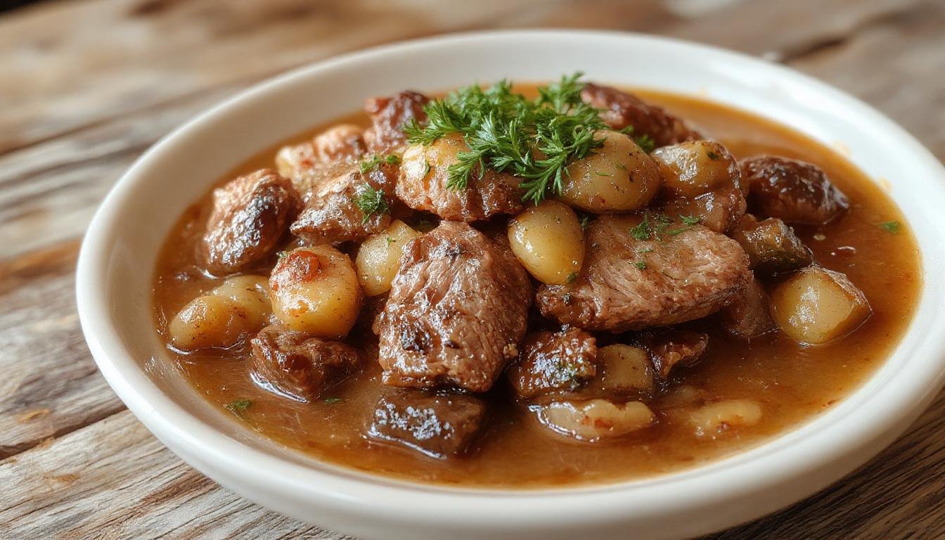 Filé de carne de porco dourado, cozido com amêijoas abertas, pedaços de batata-doce em uma travessa rústica. Prato tradicional alentejano com molho aromático e verde de salsa por cima.
