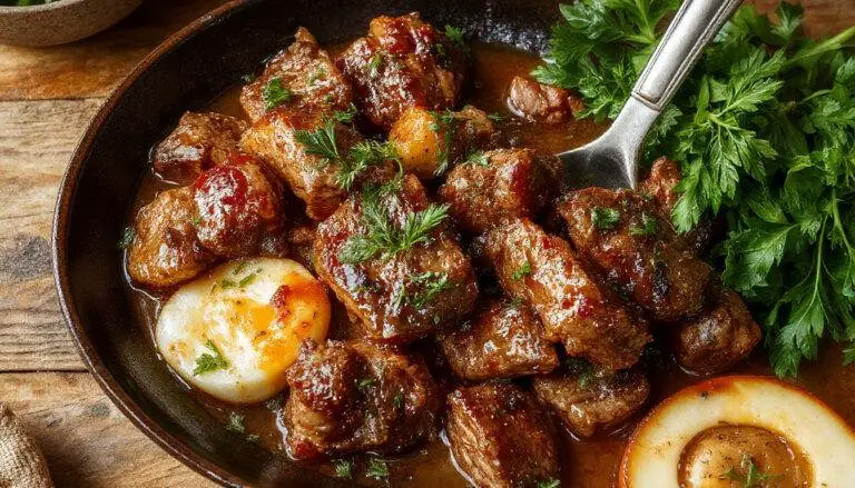 Prato de carne de porco em vinha d’alhos servido em uma travessa de cerâmica, com pedaços dourados, molhados na marinada vermelha escura, decorado com fatias de alho e louro, apresentação rústica e apetitosa