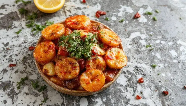 Uma cataplana de alumínio aberta mostra frutos do mar variados incluindo camarões, amêijoas e peixe, coloridos e bem cozidos, com ingredientes frescos visíveis, servido sobre uma toalha de mesa de padrão azul e branco, com vapor saindo, destacando-se pela apresentação colorida e apetitosa.
