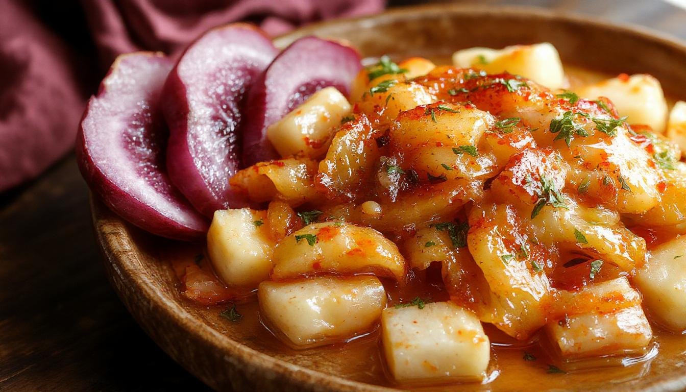 Prato de cebolada portuguesa servido em um prato raso, com cebolas douradas e translúcidas, aromatizadas com ervas frescas, apresentadas com um toque rústico e acolhedor