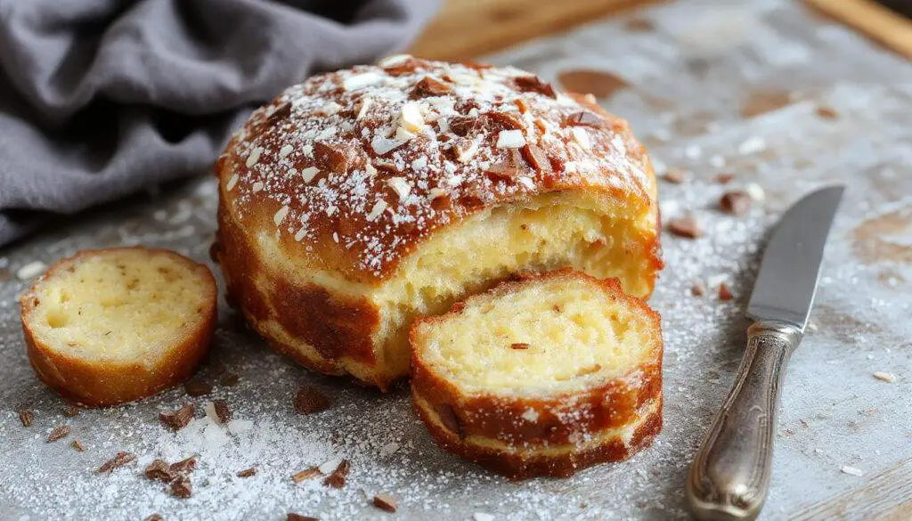 Imagem de uma fatia de charlote de pêssego disposta em um prato branco, com camadas visíveis de biscoito embebido, creme suave e pedaços de pêssego amarelo vibrante, decorada com folhas de hortelã e uma borda decorativa de biscoitos triturados, apresentando uma textura cremosa e delicada