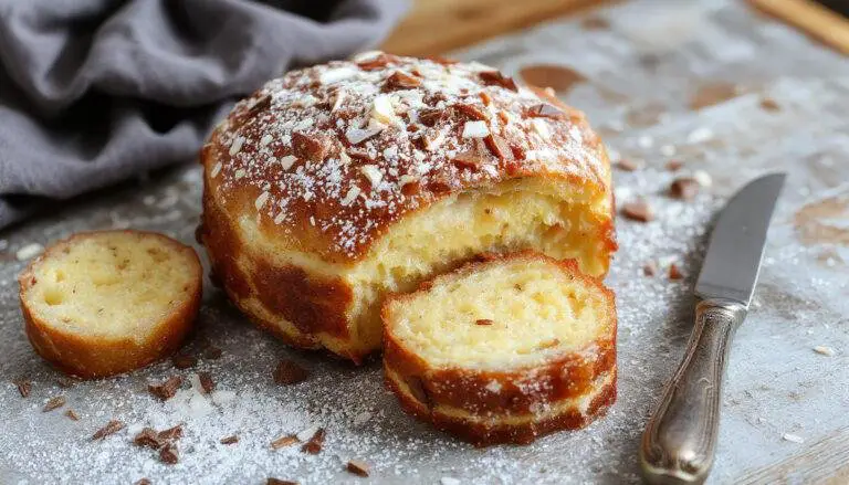 Imagem de uma fatia de charlote de pêssego disposta em um prato branco, com camadas visíveis de biscoito embebido, creme suave e pedaços de pêssego amarelo vibrante, decorada com folhas de hortelã e uma borda decorativa de biscoitos triturados, apresentando uma textura cremosa e delicada