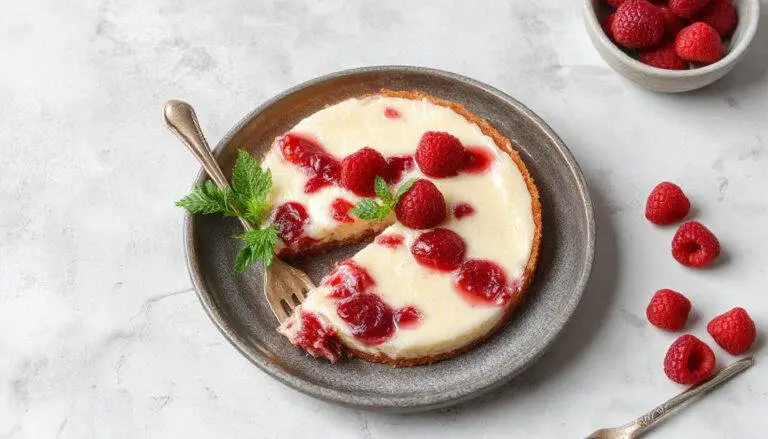 Imagem de um copo transparente contendo uma cheesecake de colher com textura cremosa, acabamento com framboesas frescas e uma calda vermelha brilhante por cima, apresentando uma sobremesa elegante e apetitosamente colorida, colocada sobre uma superfície branca com fundo desfocado.