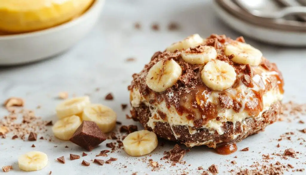 Uma panela de brigadeiro de banana dourado com uma textura cremosa, colocado sobre um prato branco decorado com fatias de banana e raspas de chocolate, ao lado de colheres e utensílios de cozinha, destaque para a cor vibrante do doce e a consistência sedosa