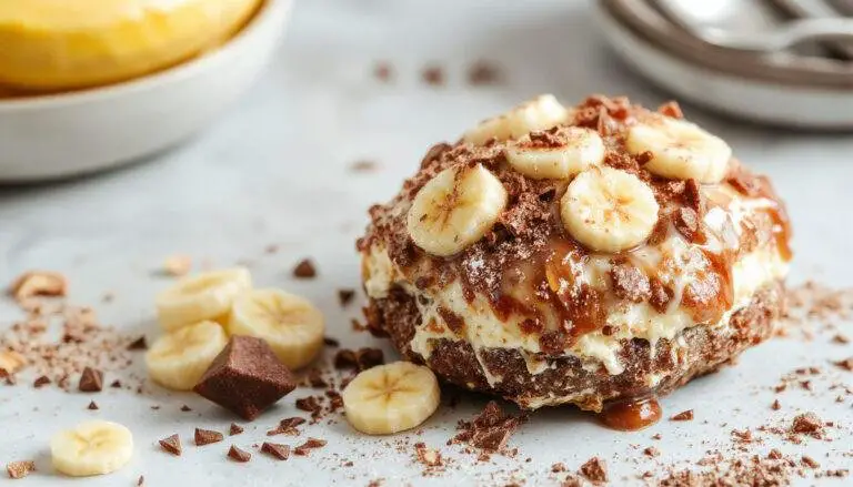 Uma panela de brigadeiro de banana dourado com uma textura cremosa, colocado sobre um prato branco decorado com fatias de banana e raspas de chocolate, ao lado de colheres e utensílios de cozinha, destaque para a cor vibrante do doce e a consistência sedosa