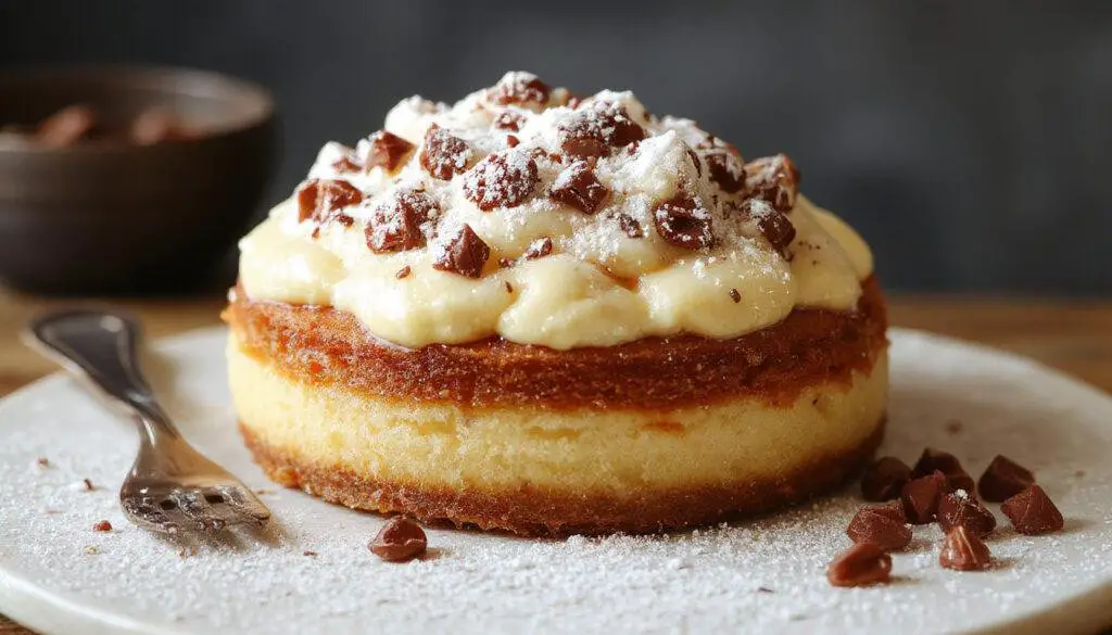 Uma travessa de creme belga caseiro de cor amarelo-clara, com textura suave e cremosa, decorada com uma pitada de açúcar de confeiteiro por cima, exibida em uma superfície de mármore branca, com utensílios de cozinha ao fundo.