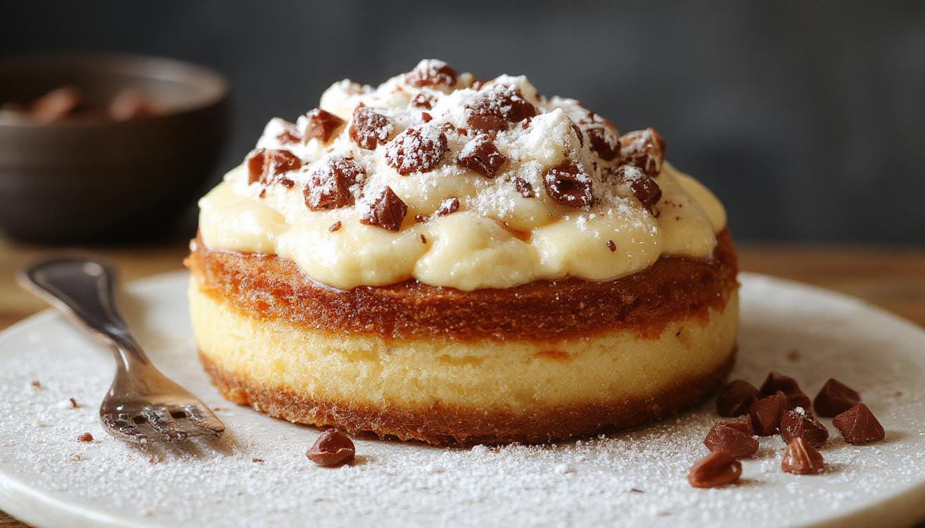 Uma travessa de creme belga caseiro de cor amarelo-clara, com textura suave e cremosa, decorada com uma pitada de açúcar de confeiteiro por cima, exibida em uma superfície de mármore branca, com utensílios de cozinha ao fundo.