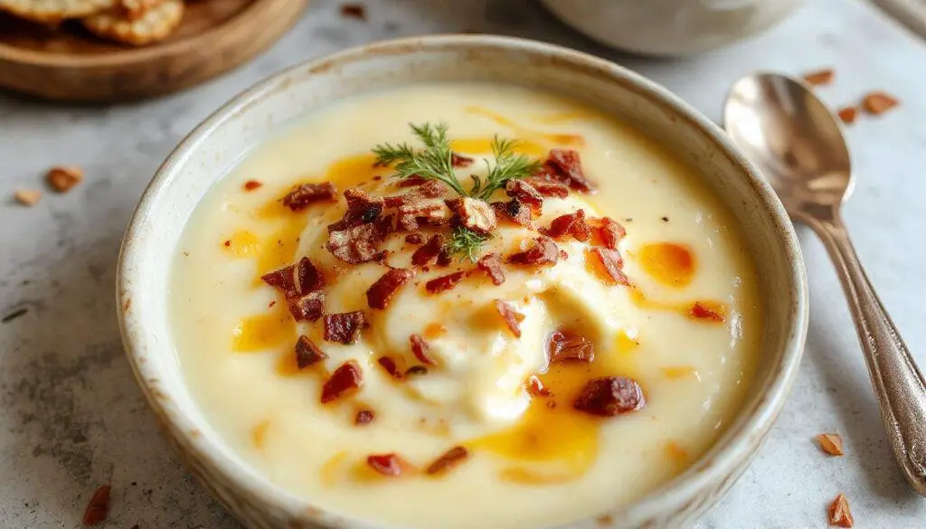 Uma tigela branca de creme de cogumelos vegano com uma textura cremosa e suave, decorada com pequenos pedaços de cogumelos e um toque de ervas verdes, sobre uma mesa de madeira clara, ao lado de uma colher de sopa e uma folha de salsa fresca.