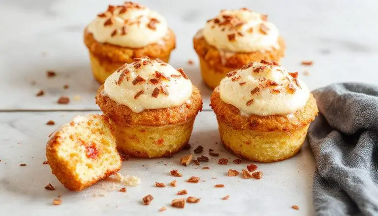 Close-up de um cupcake português de nata cremoso, com cobertura dourada e translúcida, finas camadas de nata visíveis, decorado com uma pequena flor de açúcar, apresentado em uma bandeja de papel decorada de forma elegante