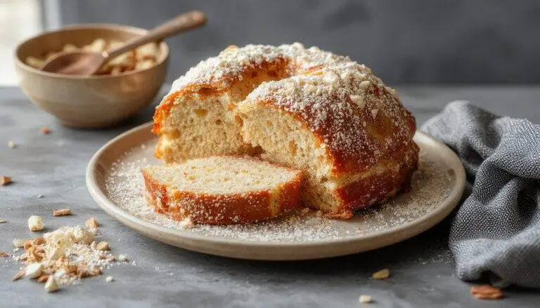 Imagem de um pote de danoninho caseiro de inhame de cor creme, com uma colher de madeira ao lado, colocado sobre uma toalha de linho branca. O pote está decorado com uma folha de hortelã e ao fundo há pedaços de inhame cozido, destacando a textura cremosa e natural do produto.