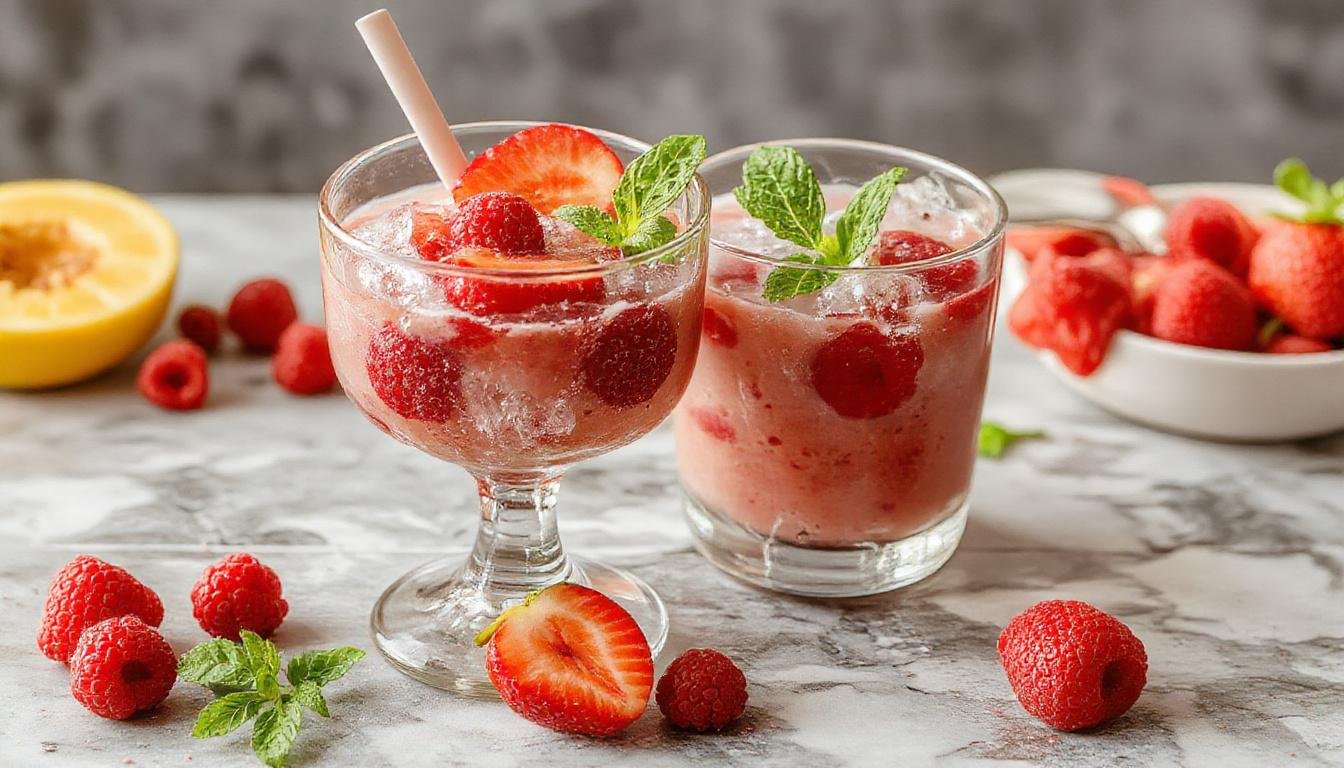 Uma taça transparente contendo uma camada cremosa de iogurte grego, decorada com frutas vermelhas frescas como morangos, amoras e mirtilos, coberta com hortelã fresca. A sobremesa apresenta uma textura suave, com cores vibrantes das frutas contrastando com o branco do iogurte, em um fundo claro sob iluminação natural.