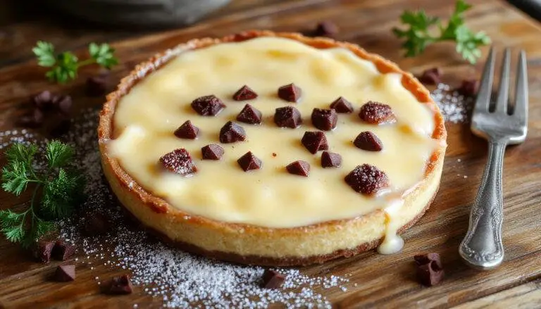 Imagem de uma tarte de nata tradicional apresentada em um prato branco, com uma crosta dourada e recheio cremoso de nata, decorada com uma camada de açúcar em pó e canela, vista de cima em uma iluminação suave que destaca sua textura sedosa.