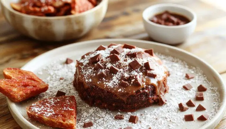 Empada de chocolate dourada com aparência crocante na borda, recheio cremoso de chocolate visível através da massa levemente rachada, decoração simples e apetitosa sobre prato branco