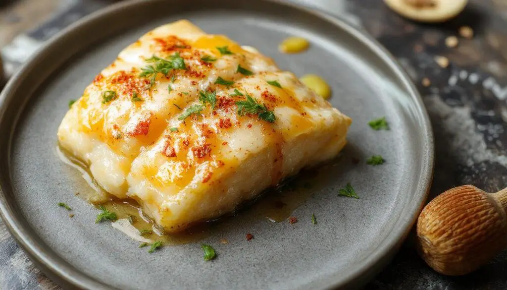 Uma porção de escondidinho de bacalhau apresentado em uma travessa retangular, com uma camada dourada de batata cremosas por cima, decorada com salsa fresca. O prato exibe texturas contrastantes entre o purê macio e o bacalhau cremoso por baixo, tudo apresentado de forma apetitosa.