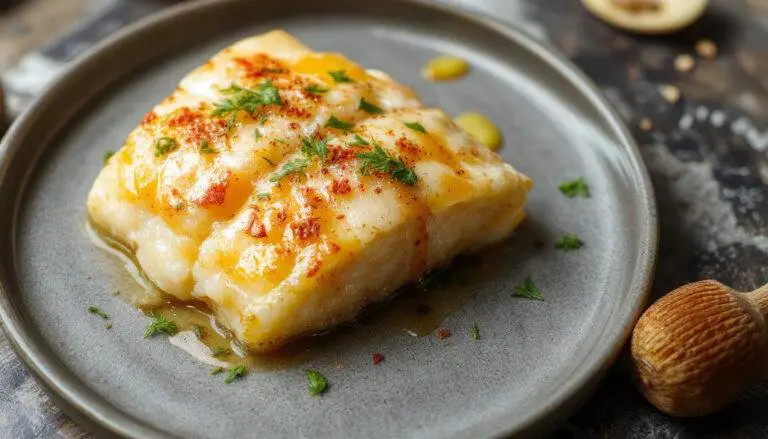 Uma porção de escondidinho de bacalhau apresentado em uma travessa retangular, com uma camada dourada de batata cremosas por cima, decorada com salsa fresca. O prato exibe texturas contrastantes entre o purê macio e o bacalhau cremoso por baixo, tudo apresentado de forma apetitosa.
