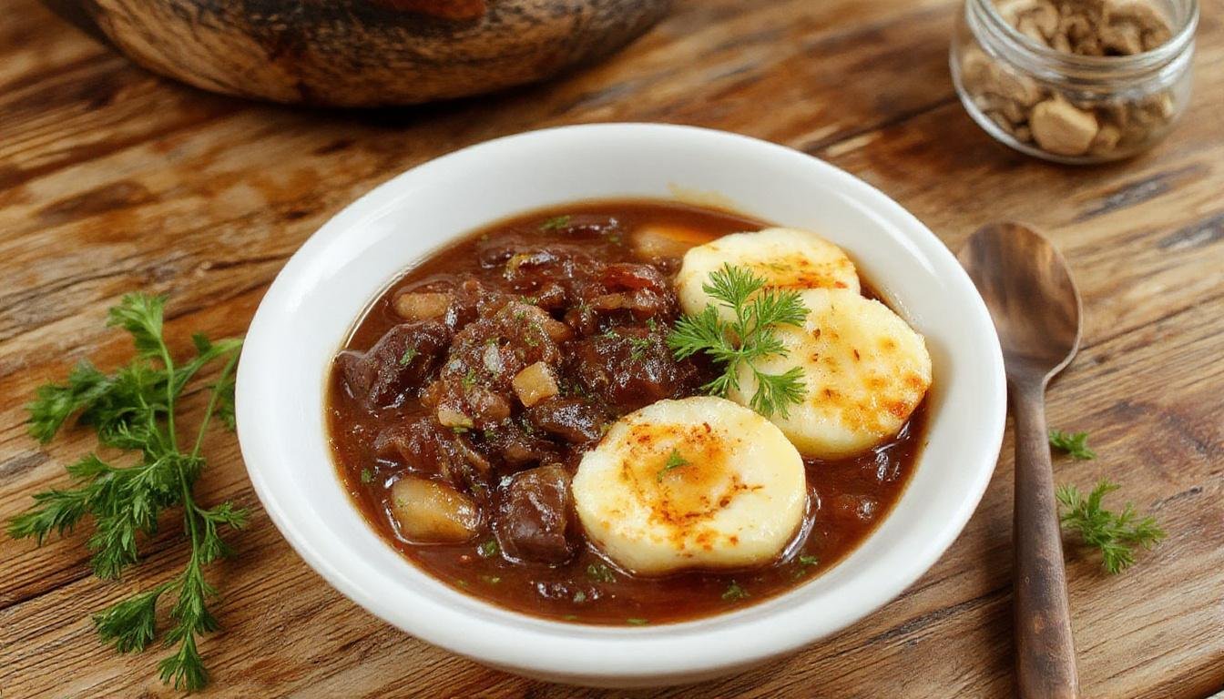Prato de feijoada portuguesa apresentado em uma tigela de cerâmica rústica, exibindo feijão branco cozido, pedaços de carne suculenta, couve verde picada e fatias de linguiça, acompanhado de arroz branco ao lado. A decoração inclui tomate e cebola ao redor, criando uma composição colorida e apetitosa. A textura é rica e cremosa, com ingredientes bem distribuídos na panela.