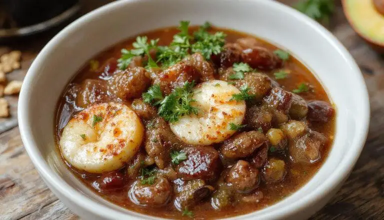 Prato de feijoada tradicional brasileira apresentado em uma travessa grande, com feijão preto, linguiça, carne de porco, e acompanhamentos como couve refogada, laranja e farofa. A comida está disposta de forma apetitosamente colorida e texturizada, com ingredientes visíveis e bem distribuídos, sobre uma toalha de mesa rústica, evidenciando um almoço caseiro e abundante.