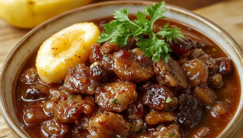 Prato de feijoada de lulas em uma tigela branca, com lula cortada, feijão preto, acompanhamentos como arroz, couve e fatias de laranja, apresentado de forma elegante, cores vibrantes e textura cremosa.