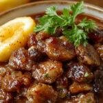 Prato de feijoada de lulas em uma tigela branca, com lula cortada, feijão preto, acompanhamentos como arroz, couve e fatias de laranja, apresentado de forma elegante, cores vibrantes e textura cremosa.