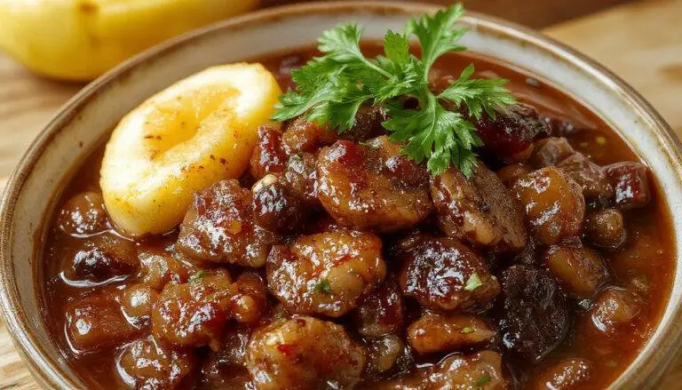 Prato de feijoada de lulas em uma tigela branca, com lula cortada, feijão preto, acompanhamentos como arroz, couve e fatias de laranja, apresentado de forma elegante, cores vibrantes e textura cremosa.