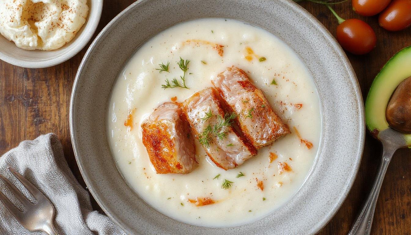 Filé de frango ao molho parmesão, com queijo derretido e crocante, coberto por molho cremoso e picante, apresentado em um prato branco sobre uma toalha de mesa rústica. O prato destaca-se pelo contraste entre o branco do queijo e o tom dourado do frango, decorado com um pouco de queijo parmesão ralado por cima.
