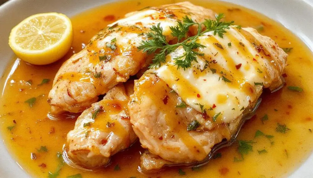 Prato de frango ao molho de limão apresentado em um prato branco, com fatias de frango douradas, tomates cereja, folhas de manjericão fresco e um molho brilhante e levemente espesso ao redor.