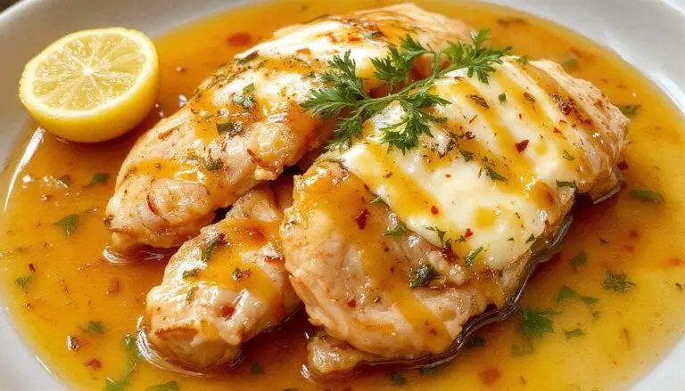 Prato de frango ao molho de limão apresentado em um prato branco, com fatias de frango douradas, tomates cereja, folhas de manjericão fresco e um molho brilhante e levemente espesso ao redor.