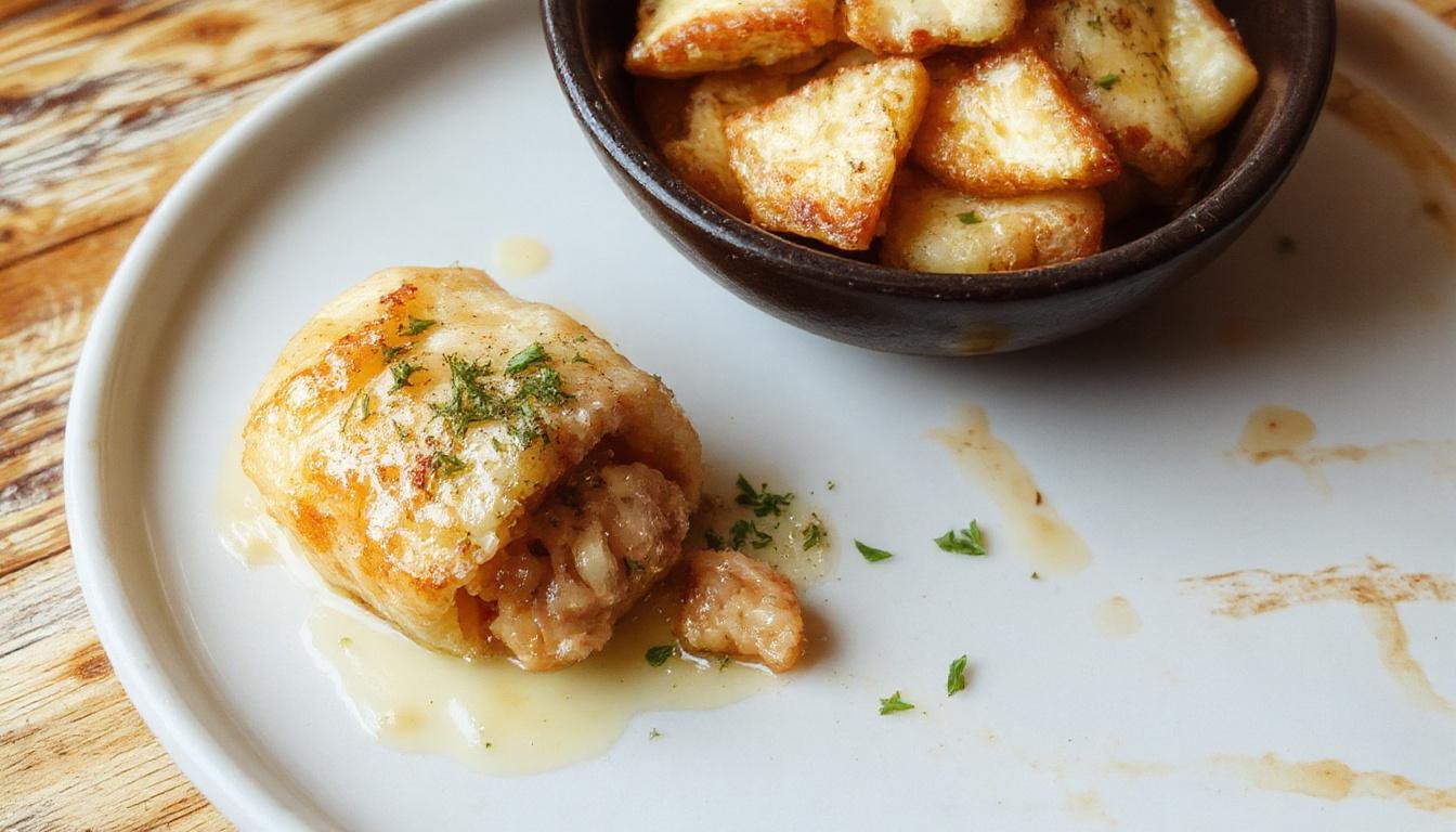 Imagem de um prato de frango recheado com presunto e queijo, dourado e suculento, ao lado de um purê de batata gratinado com uma crosta dourada, decorado com ervas frescas em uma louça branca elegante, com fundo desfocado de mesa de refeição.