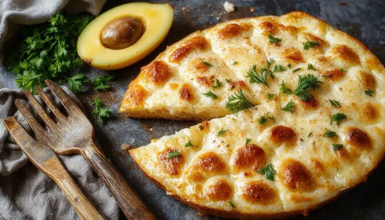 Prato de gratinado de atum apresentado em uma travessa branca, com camada dourada e crocante de queijo por cima, pedaços visíveis de batata e atum, decorado com salsa fresca, tudo em um ambiente bem iluminado e apetitoso.