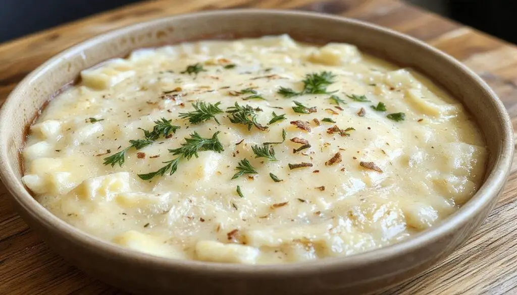 Prato de gratinado de couve-flor vegano, dourado por cima, apresentado em um prato branco retangular. A couve-flor cremosa e crocante é coberta com queijo de batata, com aspecto dourado e textura cremosa visível, decorada com um toque de ervas frescas.