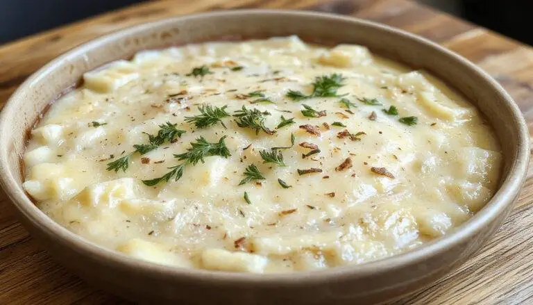 Prato de gratinado de couve-flor vegano, dourado por cima, apresentado em um prato branco retangular. A couve-flor cremosa e crocante é coberta com queijo de batata, com aspecto dourado e textura cremosa visÃvel, decorada com um toque de ervas frescas.