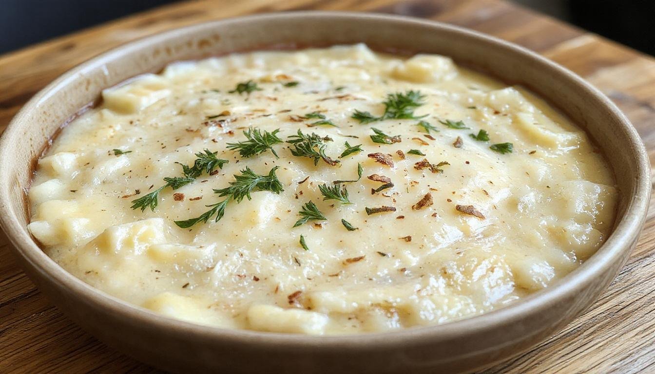 Prato de gratinado de couve-flor vegano, dourado por cima, apresentado em um prato branco retangular. A couve-flor cremosa e crocante é coberta com queijo de batata, com aspecto dourado e textura cremosa visível, decorada com um toque de ervas frescas.