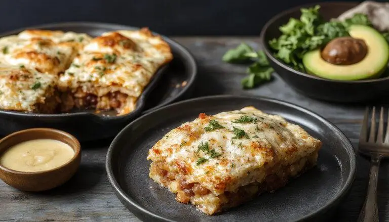 Prato de gratinado de legumes com atum apresentado em uma travessa de cerâmica branca. Camadas visíveis de abobrinha, berinjela, tomate e atum, cobertas com queijo dourado e borbulhante, servido com um toque fresco de salsa. A apresentação é moderna, com cores vibrantes e uma textura cremosa e crocante na superfície.