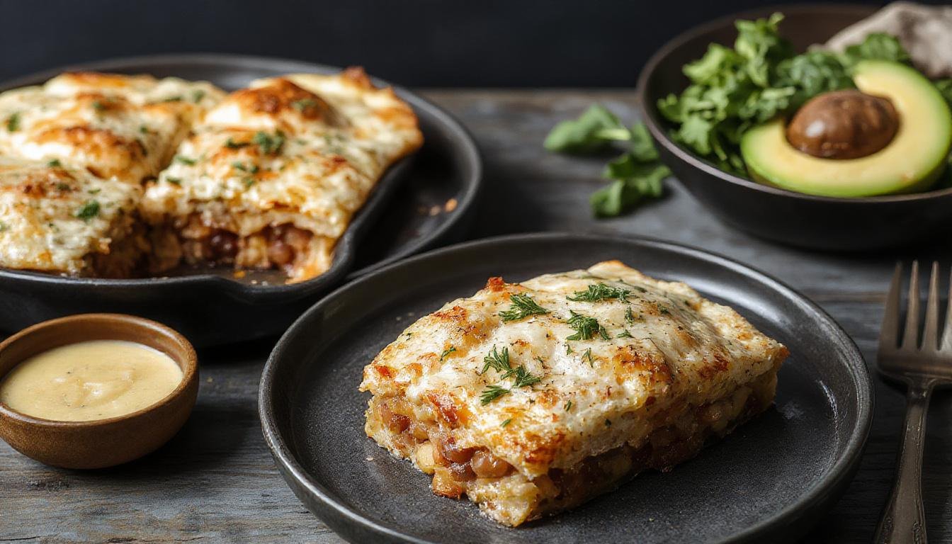 Prato de gratinado de legumes com atum apresentado em uma travessa de cerâmica branca. Camadas visíveis de abobrinha, berinjela, tomate e atum, cobertas com queijo dourado e borbulhante, servido com um toque fresco de salsa. A apresentação é moderna, com cores vibrantes e uma textura cremosa e crocante na superfície.