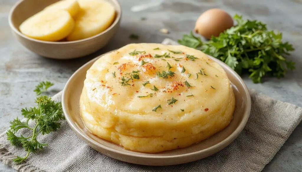 Imagem de um hambúrguer de batata-doce sobre um prato rústico, com pão integral, batata-doce assada, folhas verdes, tomates e molho, aparência apetitosas e bem montadas.