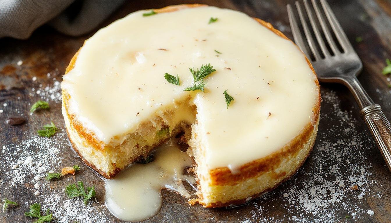 Sobremesa de leite assado cremosa em uma tigela de cerâmica branca, com uma textura ligeiramente dourada por cima, decorada com um galho de hortelã e acompanhada de uma colher ao lado, apresentando um visual aconchegante e delicado