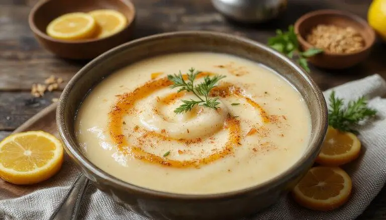 Uma tigela de leite-creme aromatizado com raspas de laranja e canela, com uma textura cremosa e dourada, decorada com uma rodela de laranja e um toque de canela em pó, apresentada sobre uma toalha de jantar elegante com utensílios de porcelana branca.