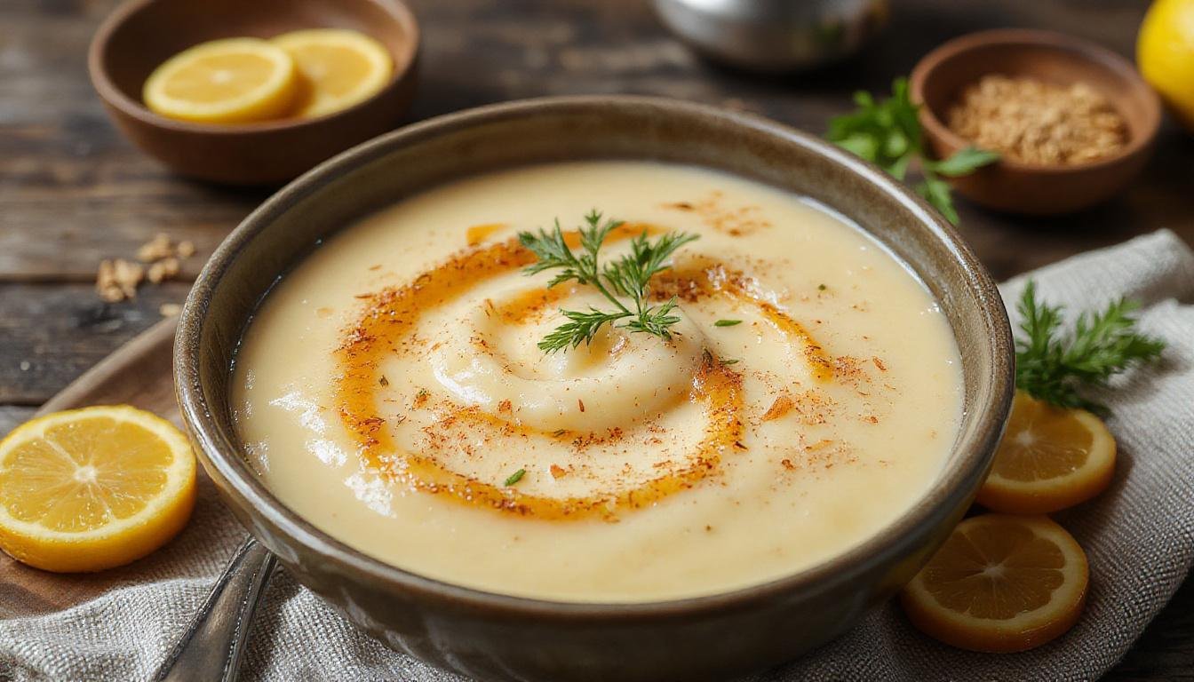 Uma tigela de leite-creme aromatizado com raspas de laranja e canela, com uma textura cremosa e dourada, decorada com uma rodela de laranja e um toque de canela em pó, apresentada sobre uma toalha de jantar elegante com utensílios de porcelana branca.
