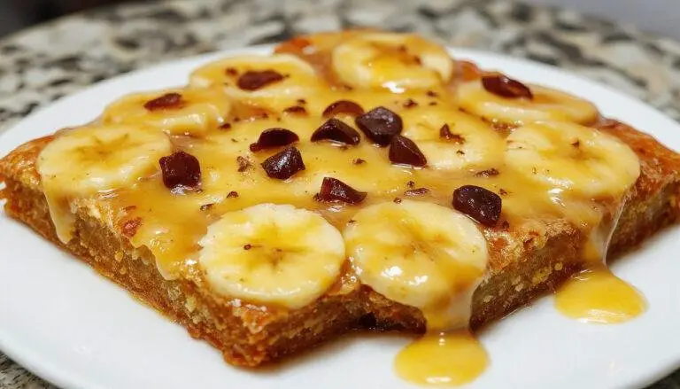 Imagem de um medalhão de banana dourado, servido em um prato branco decorado com uma calda caramelizada e pedaços de banana por cima, com fundo desfocado de ingredientes e utensílios de cozinha, com iluminação quente realçando a textura macia e brilhante do doce.