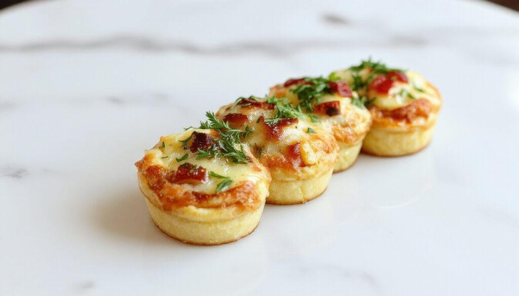 Mini quiche de alho-poró dourada, exibida em uma bandeja branca, com crosta crocante e recheio cremoso de alho-poró verde claro, decorada com um toque de queijo ralado e ervas frescas, apresentando uma textura delicada e saborosa