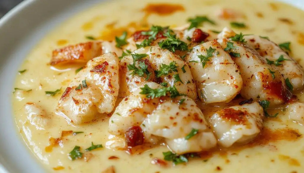 Foto de uma moqueca de peixe baiana servida em uma panela de barro, com peixe branco, pimentões vermelhos e verdes, tomates e coentro, tudo vibrante e colorido, com um caldo dourado e aromático. A apresentação é rústica, destacando a textura do peixe e os ingredientes frescos em uma atmosfera acolhedora e tradicional.