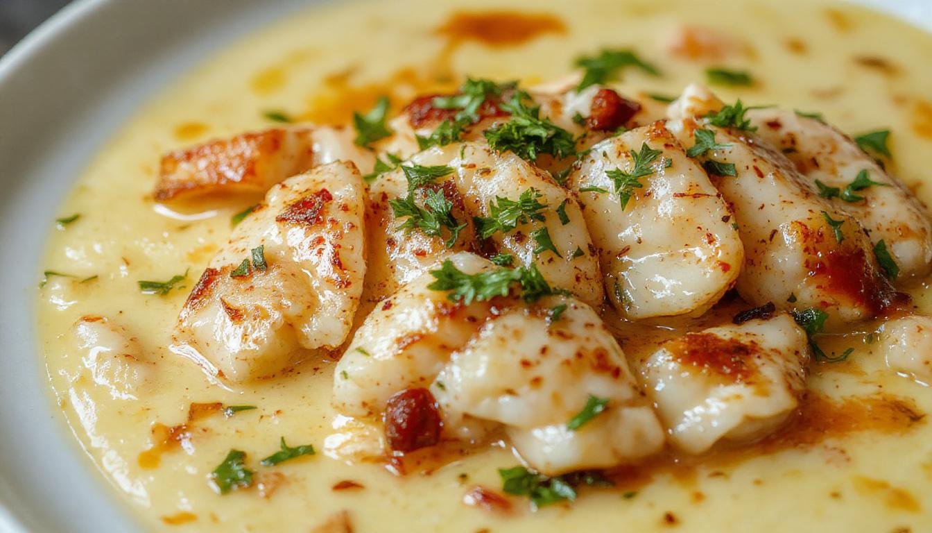 Foto de uma moqueca de peixe baiana servida em uma panela de barro, com peixe branco, pimentões vermelhos e verdes, tomates e coentro, tudo vibrante e colorido, com um caldo dourado e aromático. A apresentação é rústica, destacando a textura do peixe e os ingredientes frescos em uma atmosfera acolhedora e tradicional.
