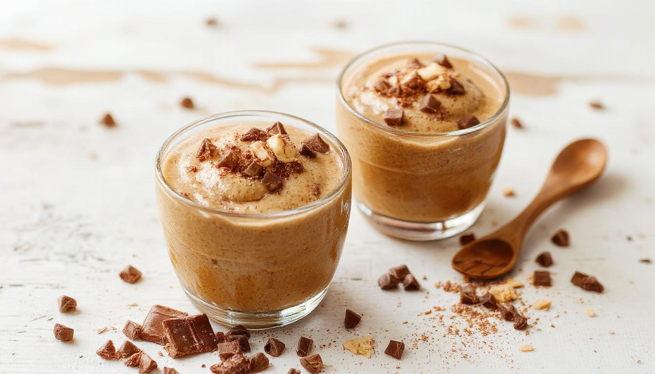 Imagem de um prato de mousse de café com chocolate decorado com raspas de chocolate e uma folha de hortelã, servido em uma taça elegante, com uma textura aveludada e brilhante. Ao fundo, uma xícara de café e alguns grãos de café, criando uma atmosfera convidativa e sofisticada.