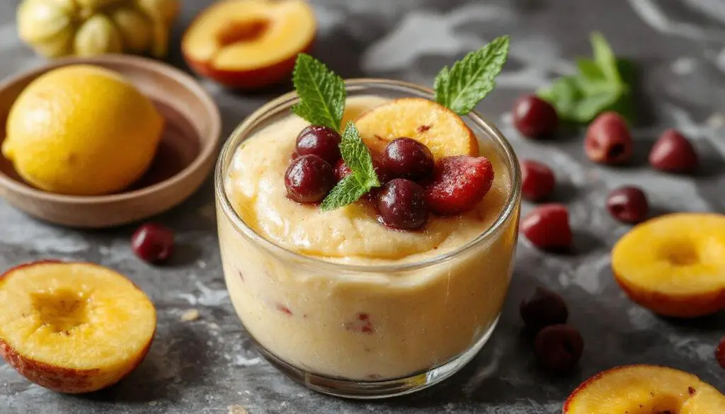 Mousse de maracujá em taça transparente, com textura cremosa e dourada, decorada com sementes de maracujá e uma folha de hortelã, apresentado elegantemente sobre uma mesa de vidro, iluminação suave destacando o brilho do mousse e a vivacidade da fruta.