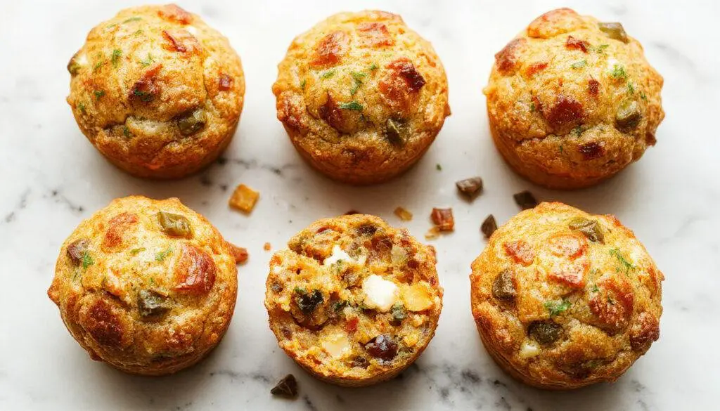 Muffins salgados de legumes com queijo dispostos sobre um prato branco, com uma textura dourada e crocante na superfície, ingredientes visíveis como brócolis, cenoura e queijo derretido derretido levemente exposto, tudo impecavelmente organizado com uma iluminação suave que realça as cores vibrantes e a textura apetitosa.